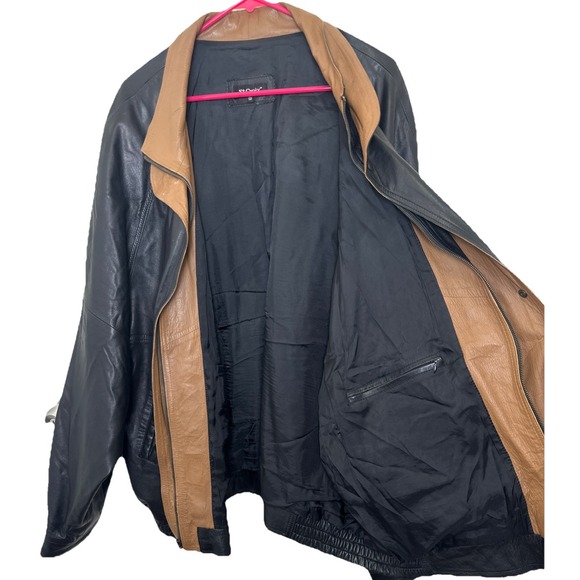St Croix Shop Brown Black Two Tone Leather Double Collar Bomber Jacket 2XL Sz 50 - Picture 9 of 13